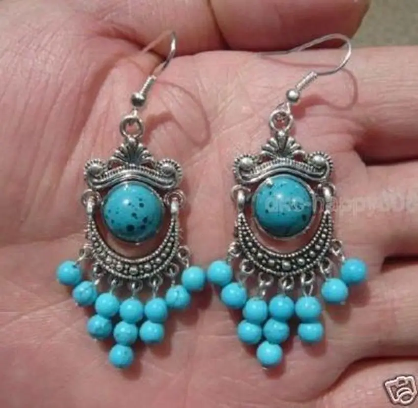 

******PAIR FASHION JEWELRY TIBET SILVER STUNNING TURQUOISE BEADS PENDANT EARRINGS
