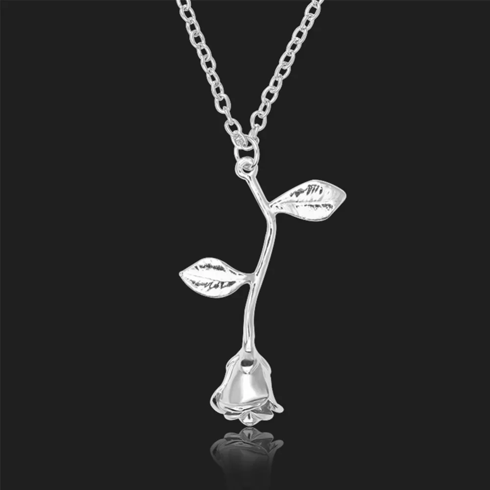 

Hot sale Cute Romantic 3D Charm Rose Flower Stem Leaves Pendant Necklaces