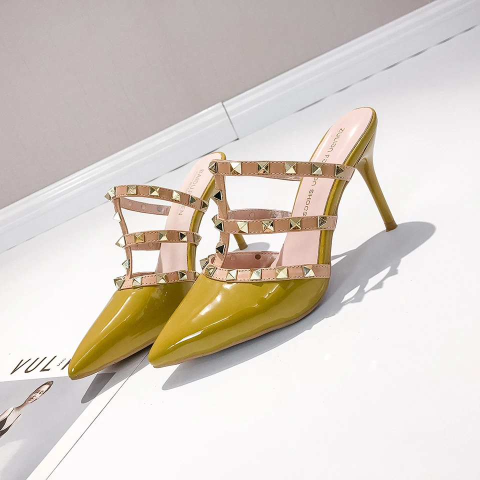 

Summer Women Thin Heels Fashion High Heel Women Shoes Rivet Pumps Pointed Toe Female Heels Half Drag Shoes For Wedding Party