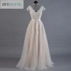 Vestido de novia Кружева А-силуэт свадьба платье с коротким цельнокроеным рукавом V-спина подвенечное платье Кружева с Тюль