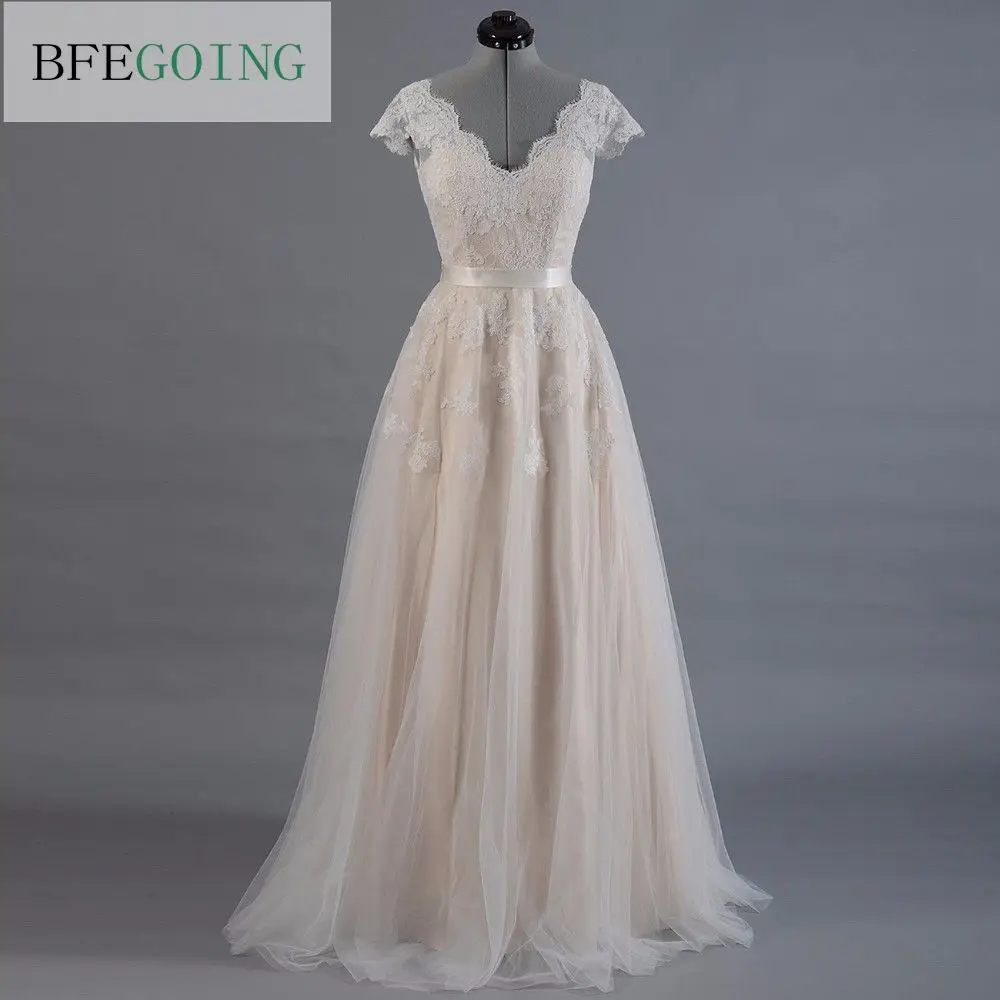 Vestido de novia Кружева А-силуэт свадьба платье с коротким цельнокроеным рукавом V-спина подвенечное платье Кружева с Тюль - изображение