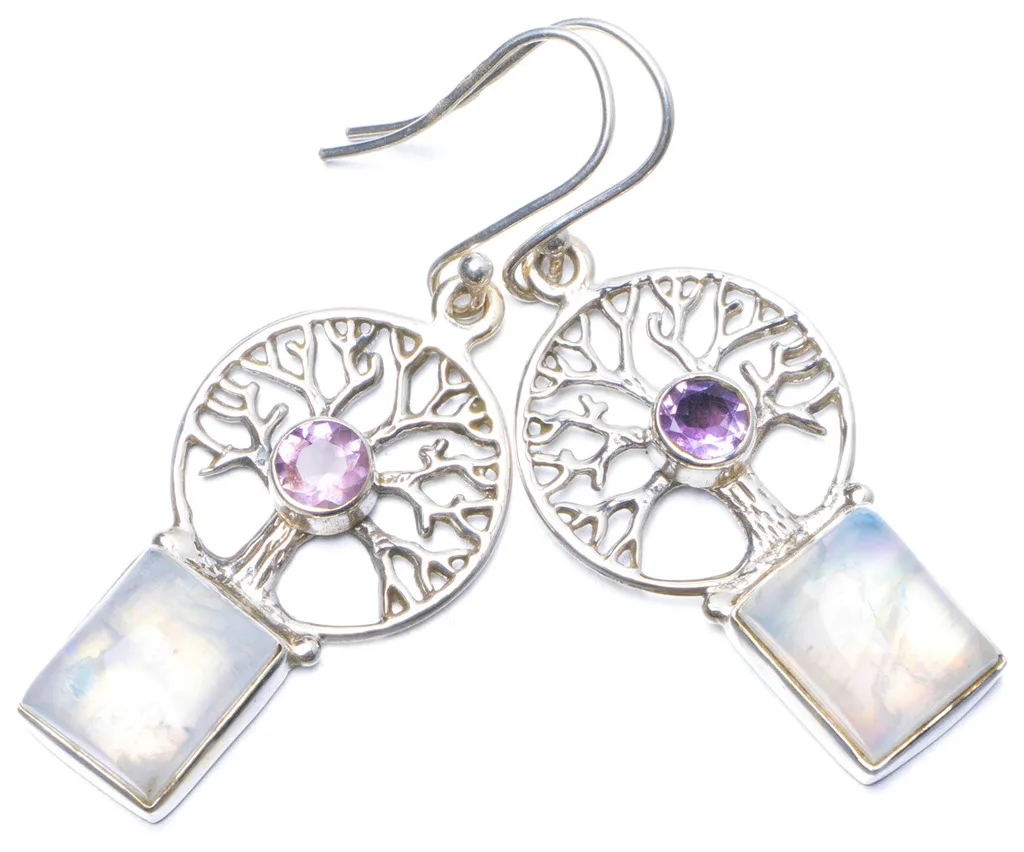 Natural Rainbow Moonstone and Amethyst Handmade Unique 925 Sterling Silver Earrings 2" Y0701