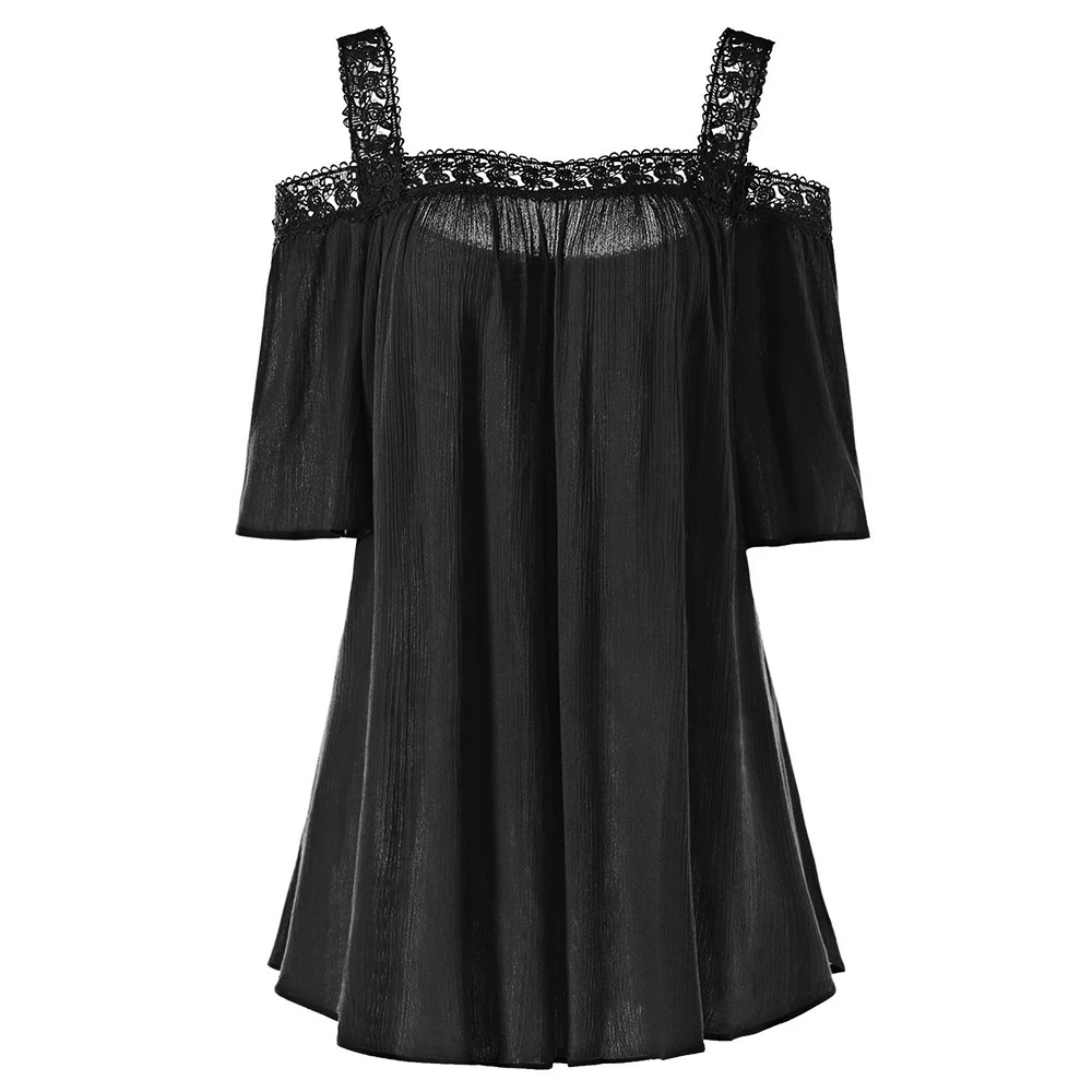 

ROSEGAL Plus Size Shoulder Cut T Shirts Summer Square Neck Lace Panel Women Clothing Cold Shoulder Tshirt 2019 Big Size Blusas
