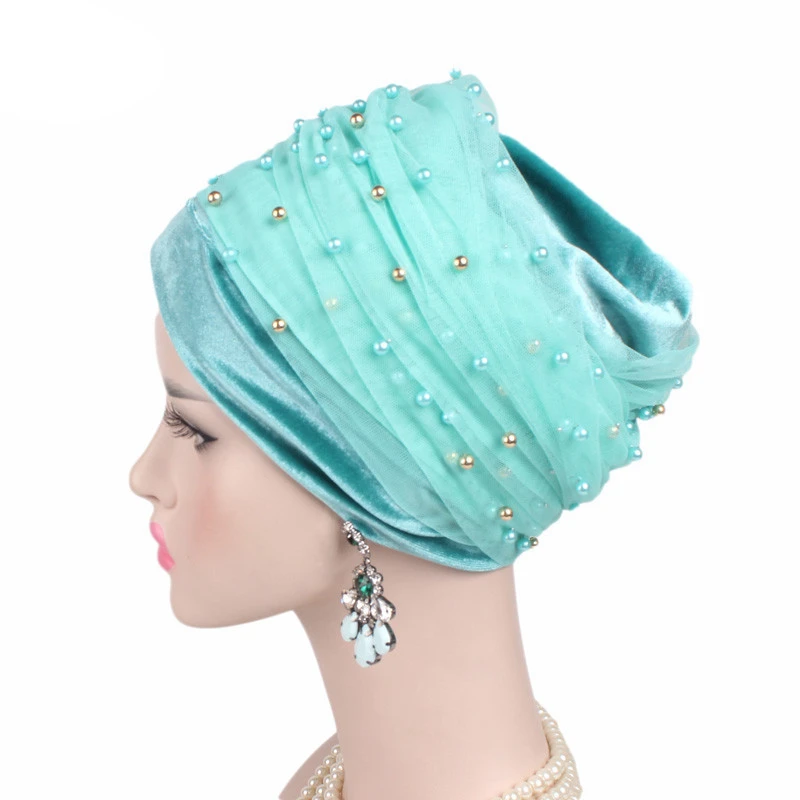 BAIBAZIN New african hat velvet pearl mesh fabric scarf cap long hat wrapped hat Muslim hat