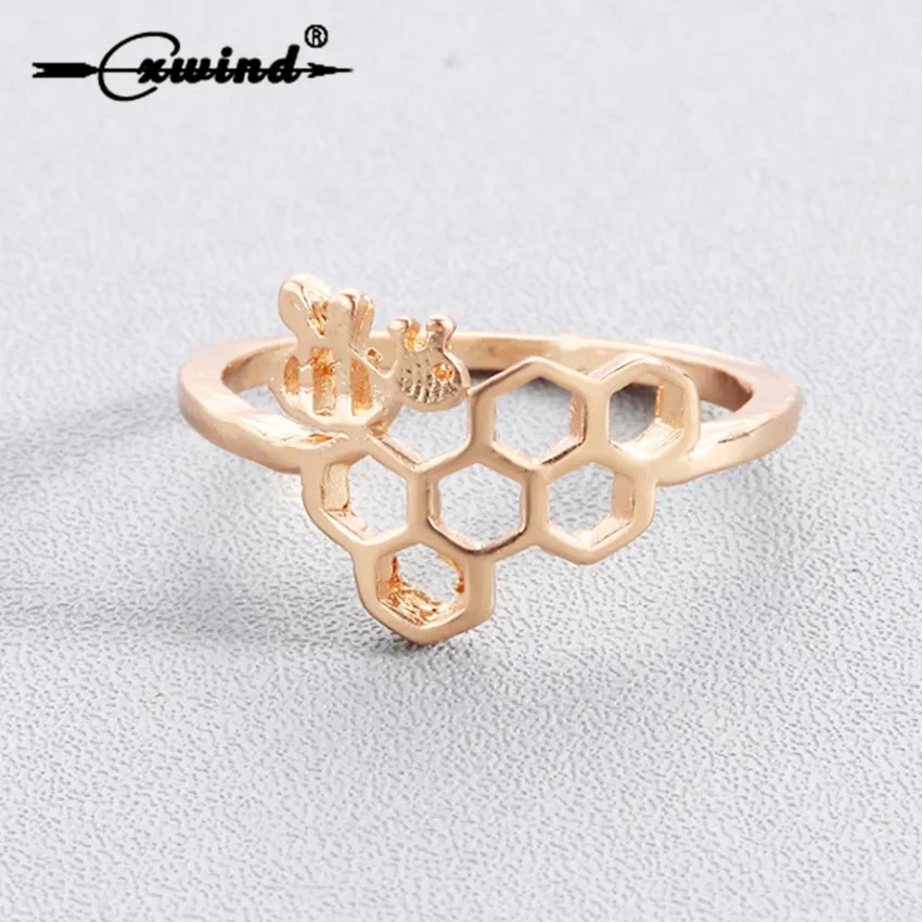 

Fashion Bee Hexagon Rings Geometric Honeycomb Unique Animal Ring Gift For Women Punk Party couple Jewelry Bague Femme