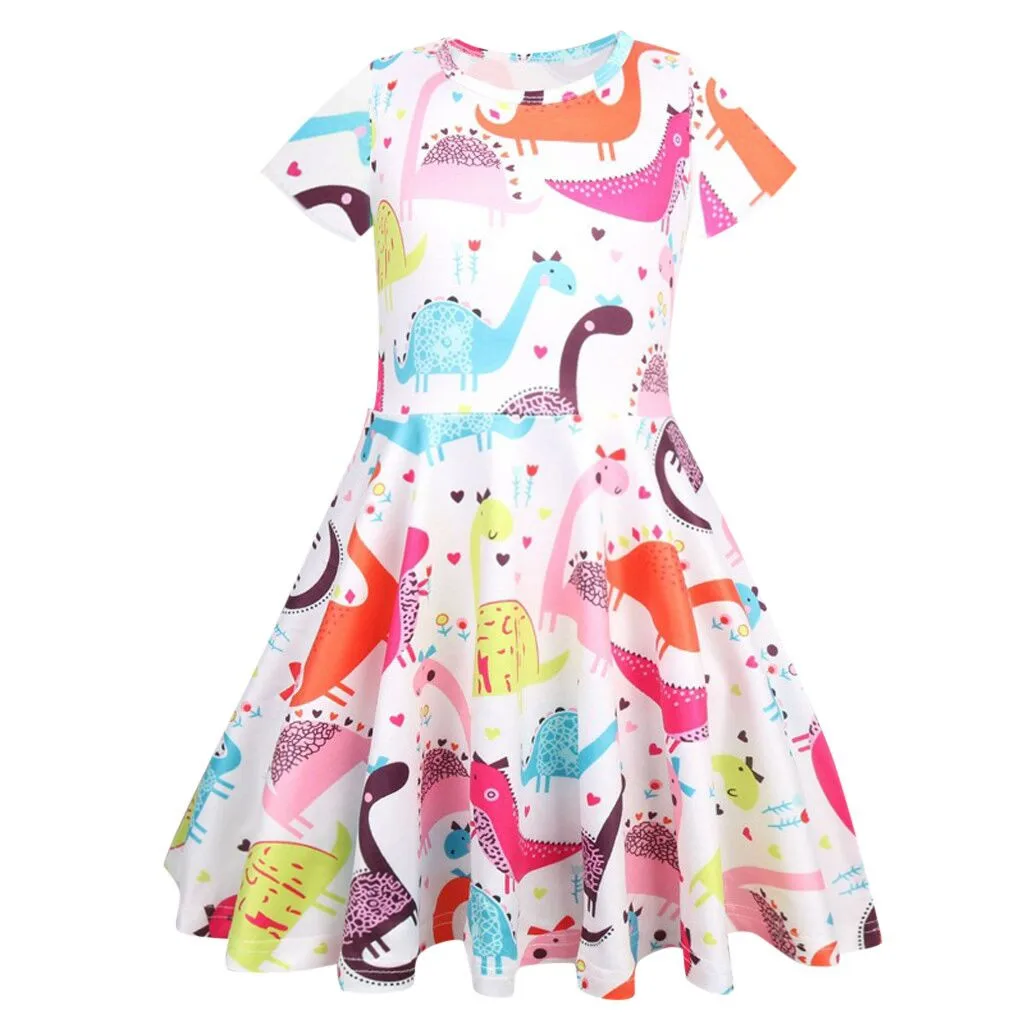 

Cute fashion dinosaur cartoon print casual princess dress Baby Girl Cartoon Dinosaur Print Tunic Casual Princess Party Dress F4