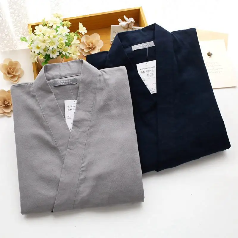 Men's Cotton Kimono Sleepwear Set New Style 2Pcs Robe&Pants Home Wear Long Loose Pajamas Suit Solid Nightwear With Pocket