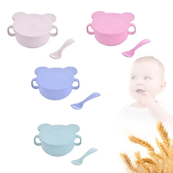 

YAS 2PCS/SET Kids Tablewares Bowl Anti-scald with Cover Spoon Wheat Straw Children Training Dinnerwares Baby Food Feeding Plate