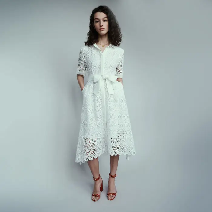 

Women's Howllow Out Lace Embroidered Silm Fit Short Sleeve Daisy Guipure Midi Dress