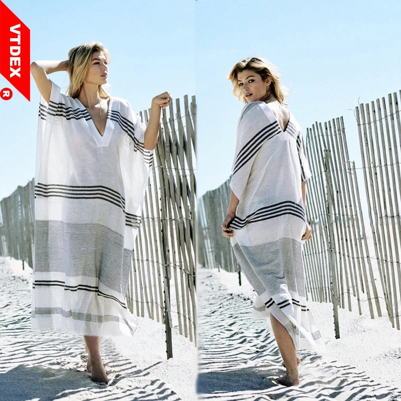 

Women Striped Beach Cover Ups Saida Praia Robe de Plage Summer Swimsuits 2018 Cotton Long Beach Dress Loose Kaftan Tunic