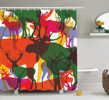 

Antlers Decor Collection Deer Moose and Mountain Sheep Horned Animals Abstract Illustration Image Print Fabric Shower Curtain