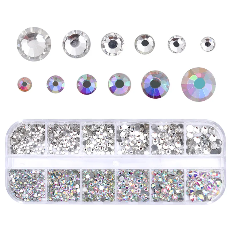 

12 Grids AB Color Nail Art Rhinestones Clear Flat Bottom Multi-size DIY Nail Art 3D Decoration Accessories Manicure Tools