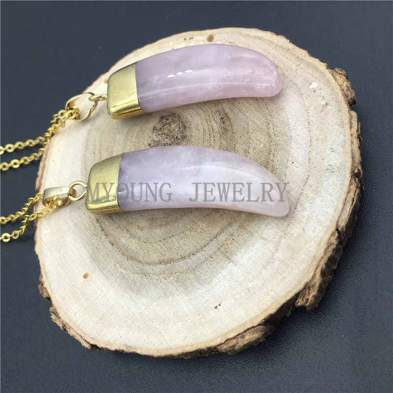 MY0943 Horn Tusk Rose Quartzs Pendant with Pure Gold Color Cap.Pink Crystal Charm Gold Color Chain Necklace  (2)