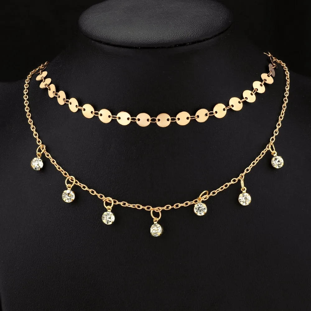 

Hesiod Boho Jewelry Multiple Layer Gold Chain Crystal Tassel Choker Necklace Short Charm Bohemian Chocker Necklace