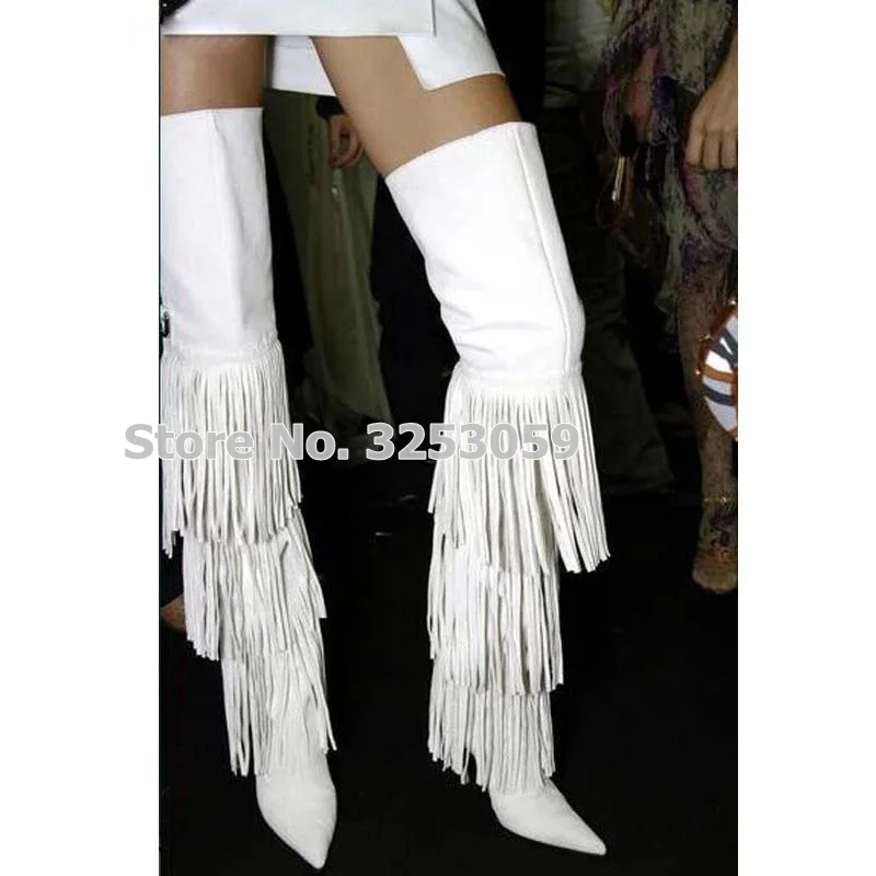 

ALMUDENA Women White Stiletto Heels Over The Knee Fringe Boots Pointed Toe Tassel Thigh High Long Boots Gladiator Nightclub Shoe