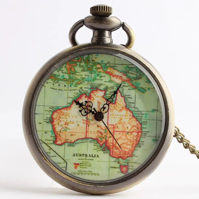 Fashion Bronze Retro Australia Map Pocket Watches Men Women Students