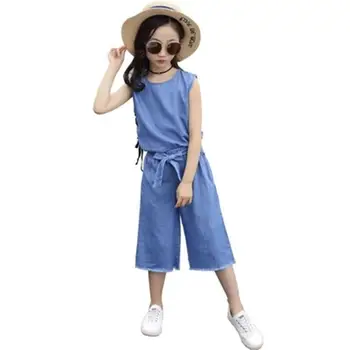 

2019 Summer Girls Fashion Clothing Sets Teenage Kid Clothes Suit Baby Girl Solid Denim Tops+Wide-Leg Jeans Pants Tracksuits L158