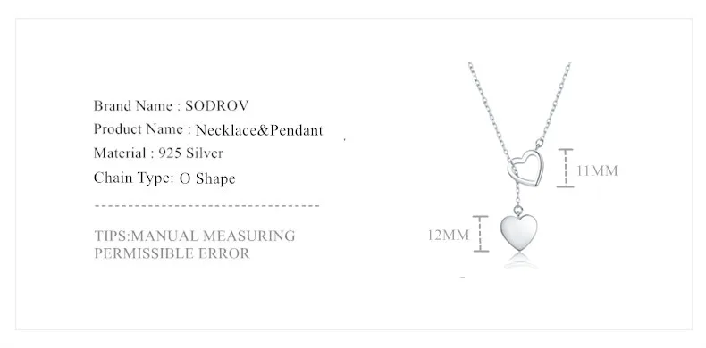SODROV подлинное 925 пробы Серебряное Двойное сердце ожерелье кулон высокое качество ювелирные изделия HN015