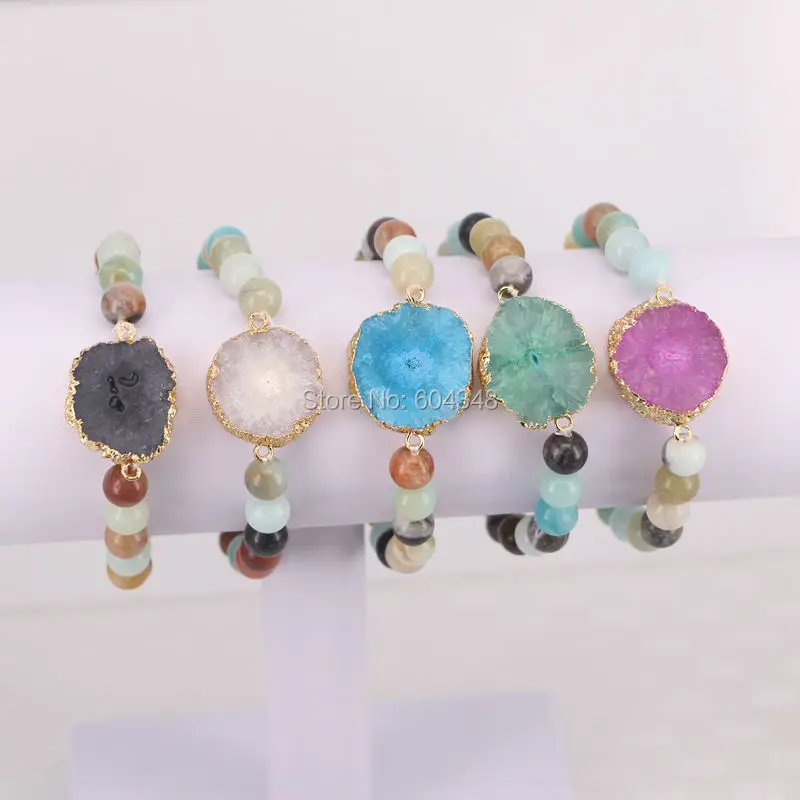 

5 Strand Gold color Sun Flower Quartz Stone Connector Bracelet, Natural Amazon Stone Beaded Bracelets