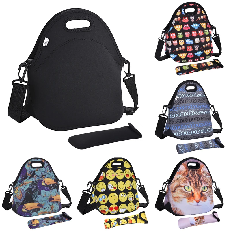 

Coofit Neoprene Lunch Bags Cat Owl Emoji Face Pattern Lunchbox Waterproof Picnic Box For Students Unisex bolsa termica lancheira