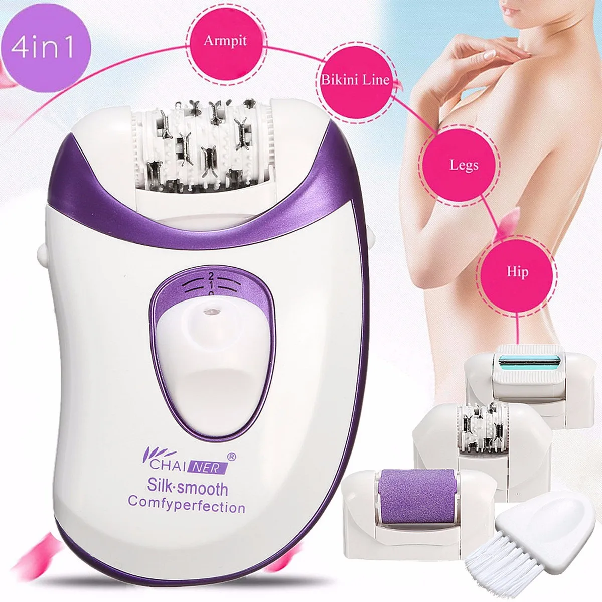 Rechargeable 4 in 1 Electric Foot Callus Remover Epilator Underarms Tweezer Shaver Hair Removal