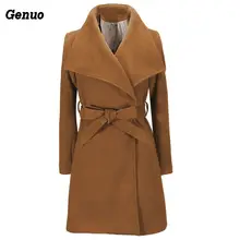 Элегантное шерстяное пальто, зимняя женская куртка, пальто с карманами и поясом-бабочкой, модная уличная одежда, однотонное тонкое женское Шерстяное Пальто с большим воротником, Genuo