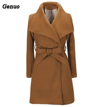 

Elegant Wool Coat Winter Women Jacket Pocket Bow Tie Belt Coat Fashion Streetwear Solid Big Collar Slim Ladies Woolen Coat Genuo