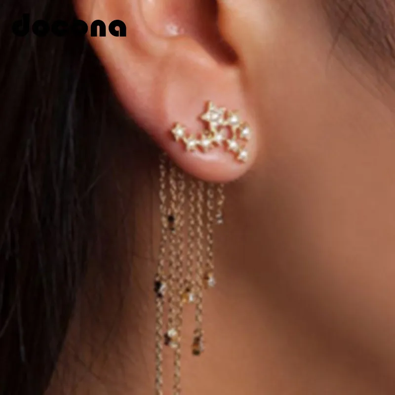 

Docona Punk Gold Silver Color Crystal Star Studs Earrings for Women Girl Metal Long Tassel Pendant Stud Earrings Brincos 6138