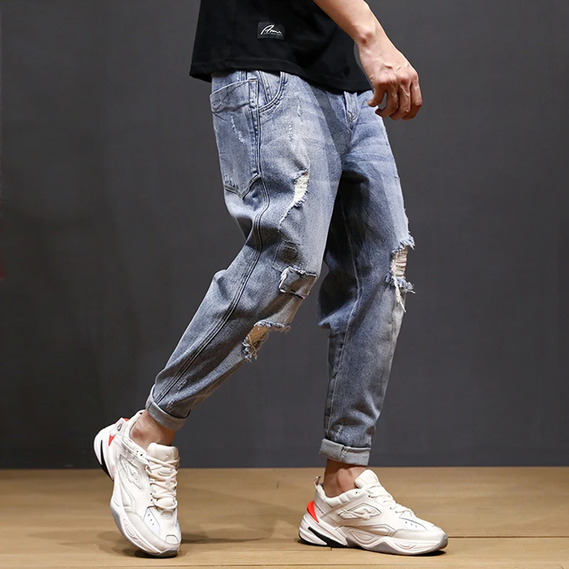 Spring Summer Fashion Men Jeans Blue Color Loose Fit Destroyed Ripped Jeans Small Leg Harem Pants Streetwear Hip Hop Jeans Men Spring Summer Fashion Men Jeans Blue Color Loose Fit Destroyed Ripped Jeans Small Leg Harem Pants Streetwear Hip Hop Jeans Men