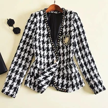 Высокое качество, S-XXL, новинка, Блейзер, Женское пальто, мода, дизайнерское, женское, на одной пуговице, с заклепками, клетчатое, твидовое, шерстяное пальто, куртка на весну