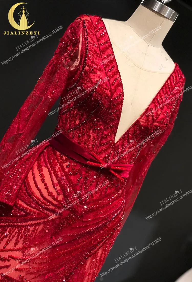 JIALINZEYI настоящий образец красного цвета с длинными рукавами и бусинами, сексуальный v-образный вырез, кристальная Русалочка платья для торжеств вечерние платья