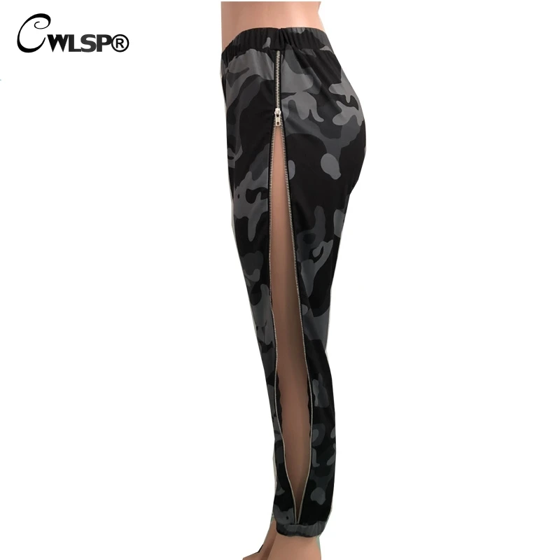CWLSP 2018 Summer Casual Loose Pants For Women Camouflage Splite Straight Full Length With Zipper Female Pants QZ2629