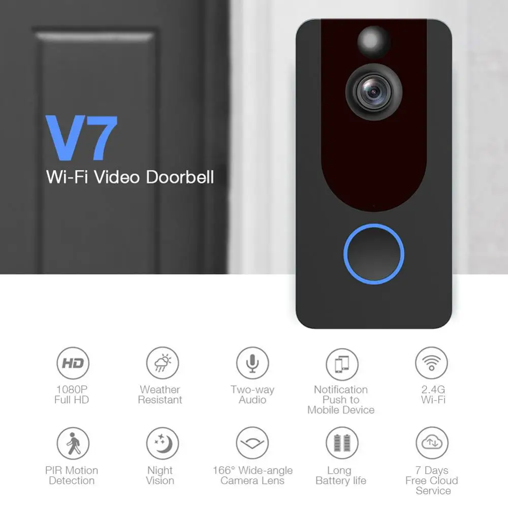 

V7 Smart Video Doorbell HD 1080P Camera Visual Intercom With Chime Night vision IP WiFi Door Bell Wireless Security Home Camera