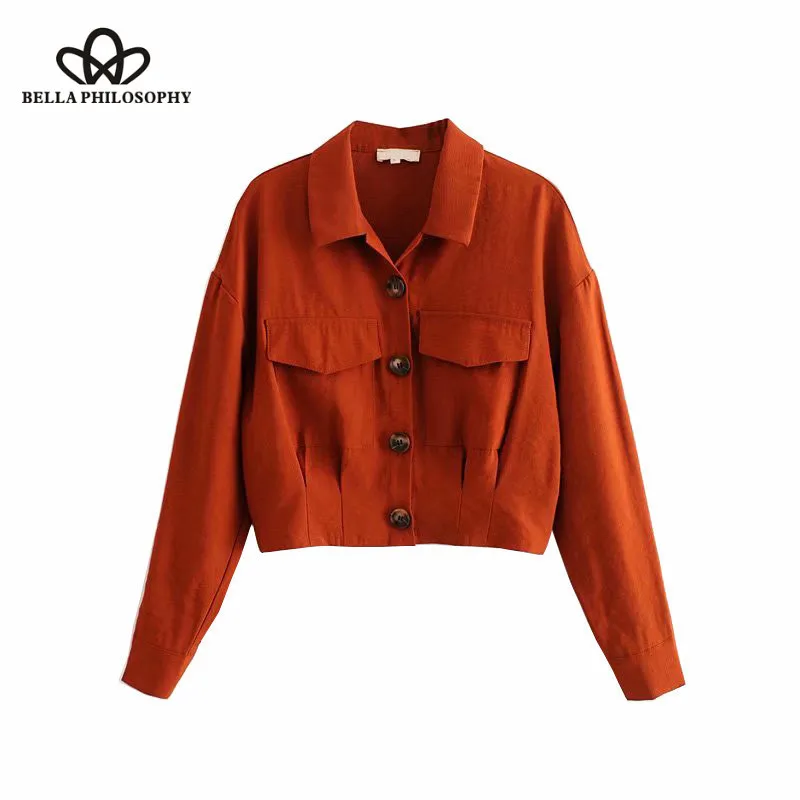 Wonder 2018 new Vintage Pockets Buttons Solid Crop Tops Women Blouses Lapel Collar Long Sleeve Short Shirts Casual Blusas Mujer