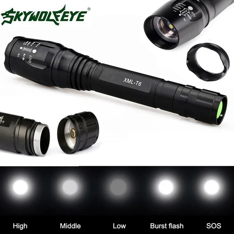 

New 6000 Lumen Super Bright 5 Modes Zoomable T6 LED Flashlight Torch Aluminum Lamp Household Outdoor Light for 18650 Batteries