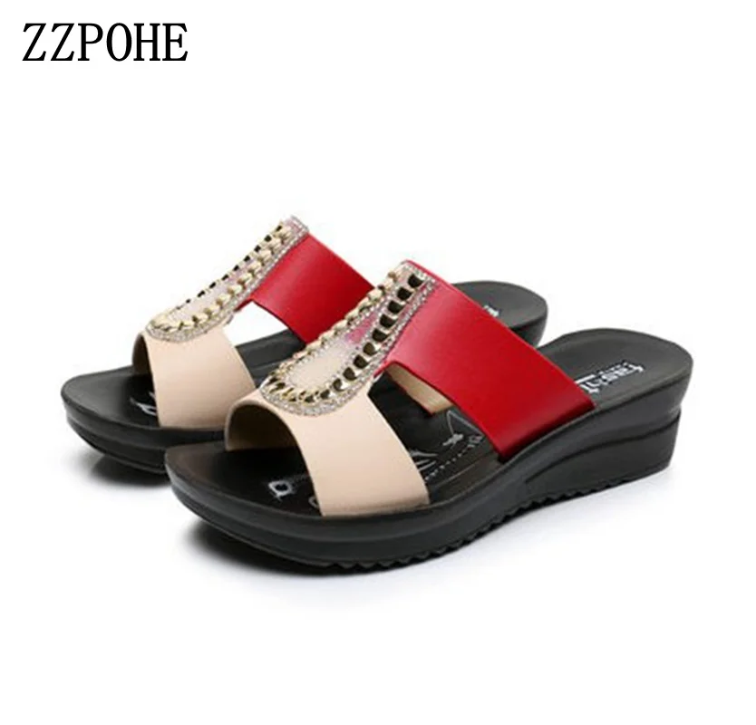 ZZPOHE/женские модные сандалии; коллекция года; летние женские Вьетнамки; кожаные босоножки на танкетке; женские летние шлепанцы