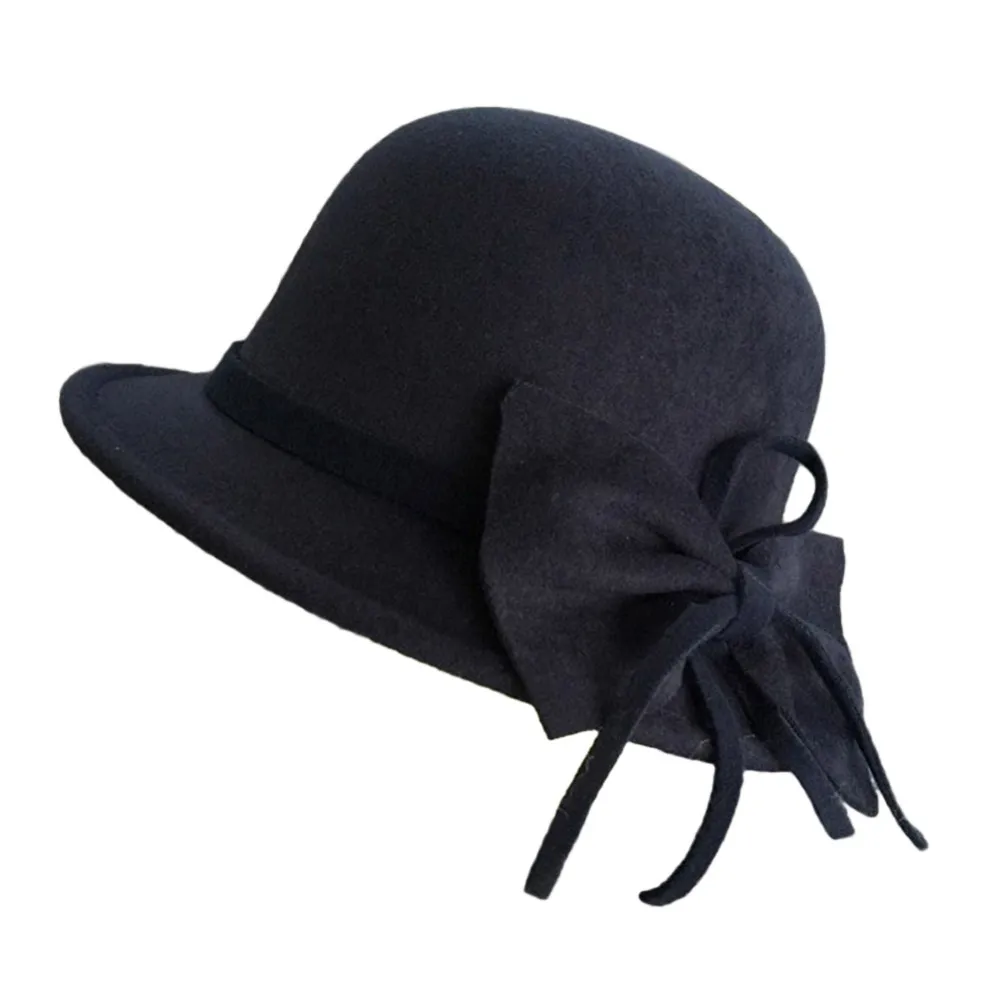 Осенне-зимняя однотонная теплая широкополая шляпа с цветочным бантом для женщин, купол из фетра шляпы для мам для женщин, винтажный Ретро-бантик, федоры шляпы для женщин