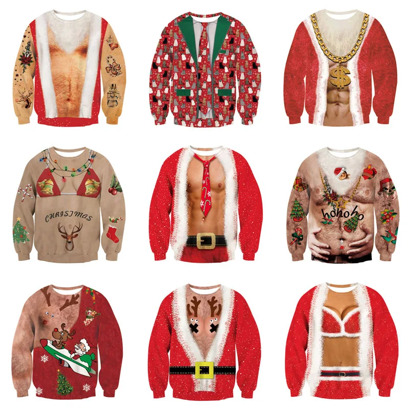  Unisex Men Women 2020 Ugly Christmas Sweatshirt Vacation Santa Elf Funny Christmas Fake Hair Jumper
