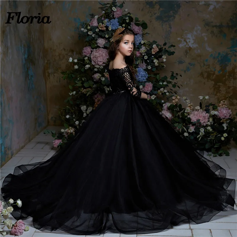 Роскошное черное бальное платье с цветочным узором для девочек; нарядные платья для девочек; платья для первого причастия в арабском стиле для девочек; коллекция года; Vestidos daminha