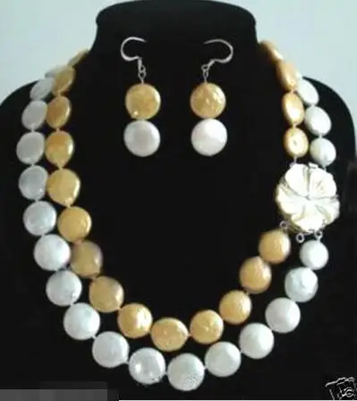 

Hot selling free shipping***** Beautiful 10-11mm White / golden coin pearl necklace Earring Sets