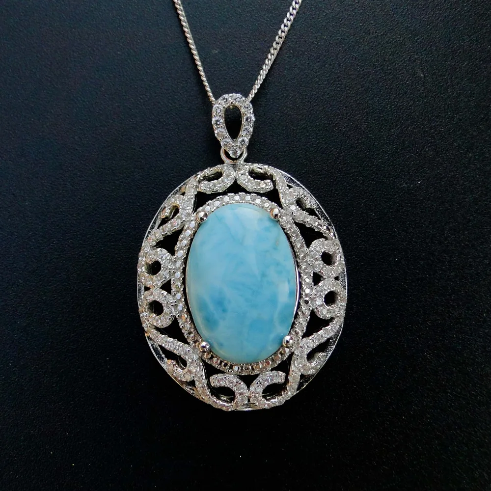 

Gorgeous 925 Sterling Silver With Real Oval 18x13mm Center Stone Natural Larimar Pendant Charm for Women Gift without Chain
