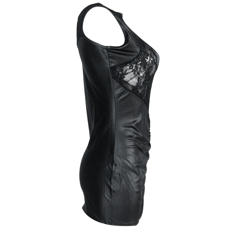 Sexy Folded Wetlook Micro Mini Club Evening Party Dress 2018 Women Lace Leather Patchwork Bodycon Sleeveless Dresses Robe Femme (3)