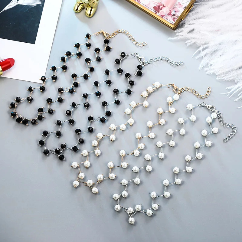 

Korean Style 2019 Fashion Female White Pearl Choker Necklaces Women Black Crystal Necklace Ladies Party Statement Jewelry Gifts
