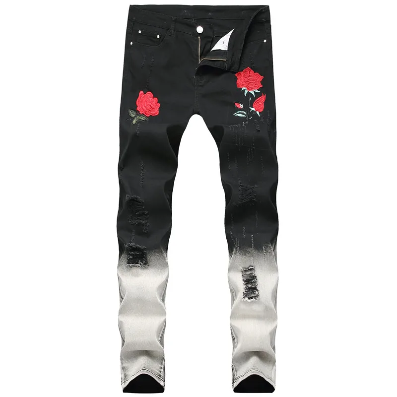 MORUANCLE для мужчин рваные джинсы с цветочной вышивкой фаздравствуйте Здравствуйте Hi Street проблемных джинсовые мотобрюки отверстиями стрейч