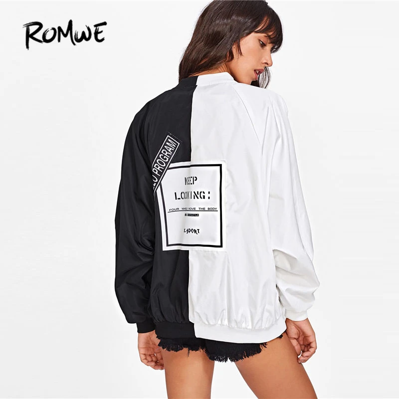 

ROMWE 2019 New Two Tone Patch Back Letter Ribbon Detail Bomber Jacket Female Spring Stand Collar Ladies Top Letter Coat