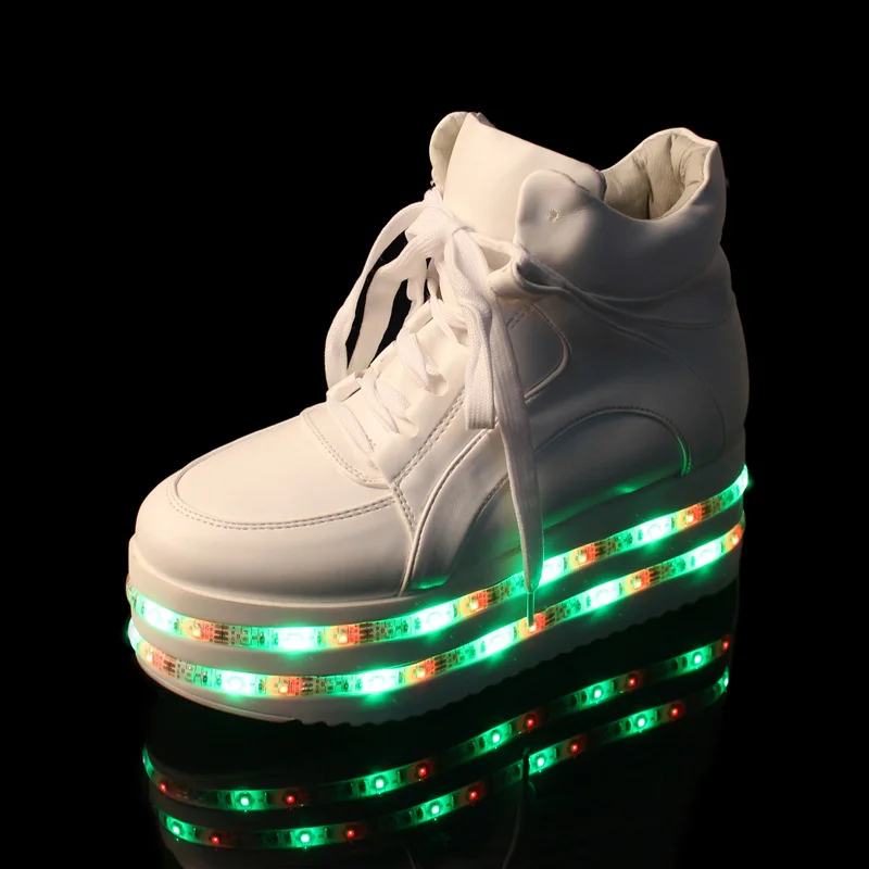 

Womens Girls High Platform Punk Goth Lace Up LED Night USB Charge Light Up Boots Lights Shoes Casual Nightclub Black White GA7