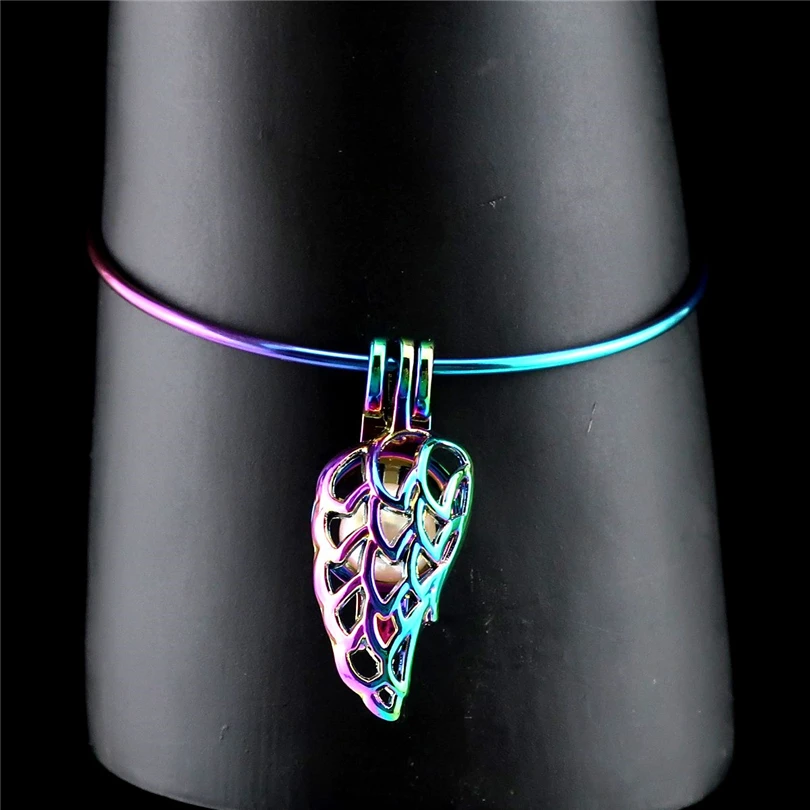 

Rainbow Color Plant Leaf Real Pearl Cage Bangle 65mm Expandable Wire Steel Bangles Bracelet B-C837