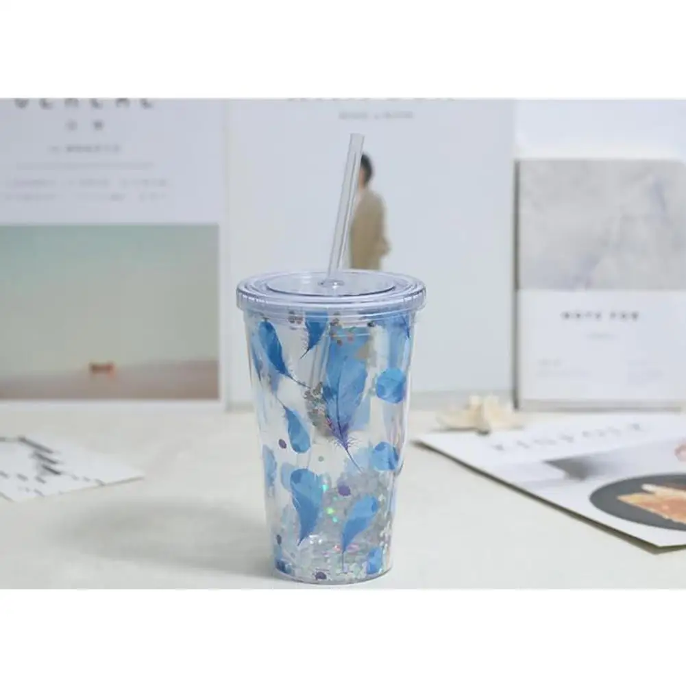 Прохладное лето двухслойная пластиковая соломенная чашка маленькая свежая перьевая чашка пластиковая чашка для сока