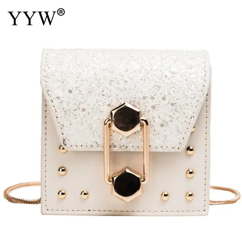 white 11x6x11cm Сумка через плечо из искусственной кожи для женщин, сумка на ремне, Женская сумка в стиле панк, кошелек на кнопке Bolsa Feminina, дизайнерская сумка с блестками - Цвет: white 11x6x11cm