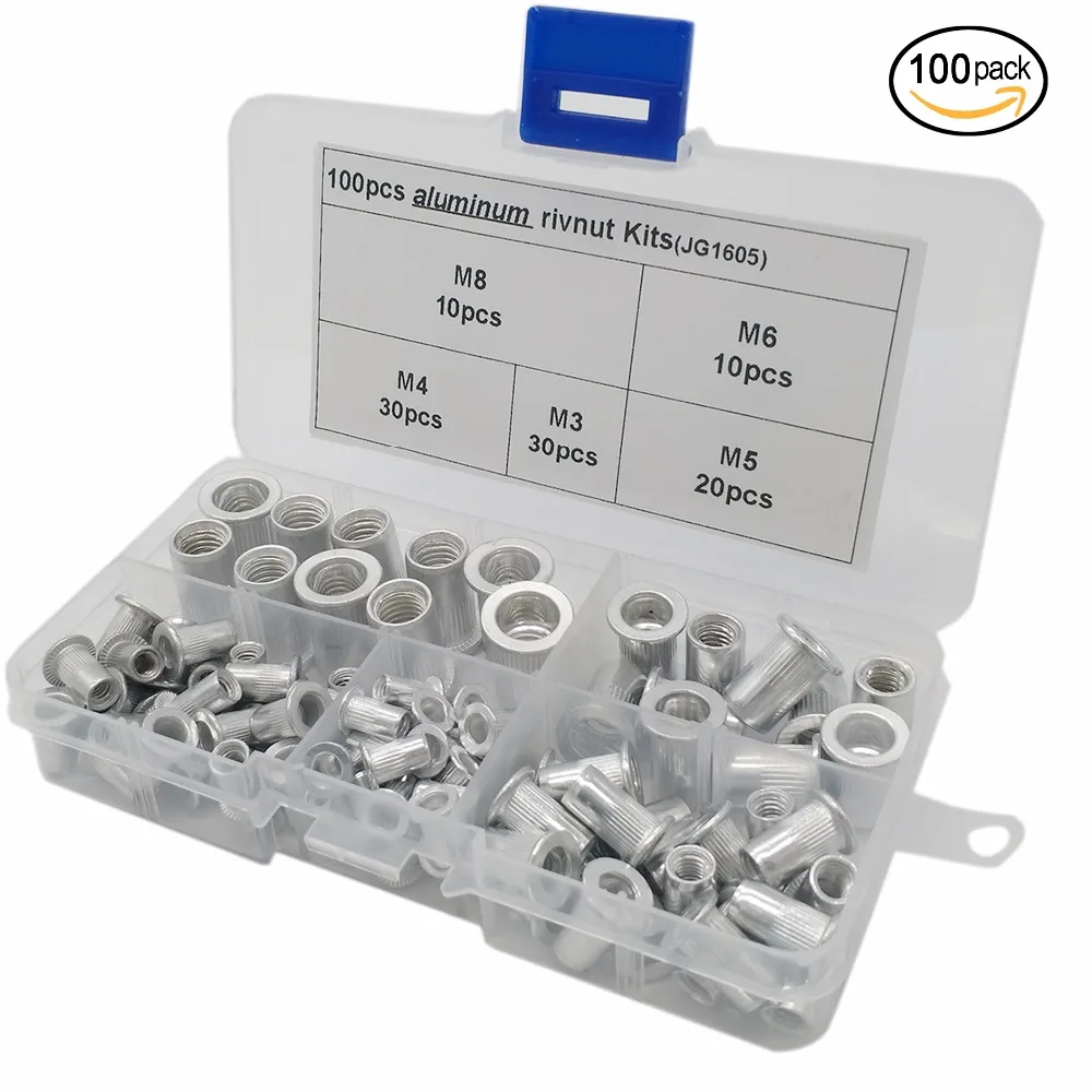 100pcs Aluminum Alloy Flat Head Threaded Rivnut Insert Nutsert Rivet Nut Assortment Kit M3 M4 M5